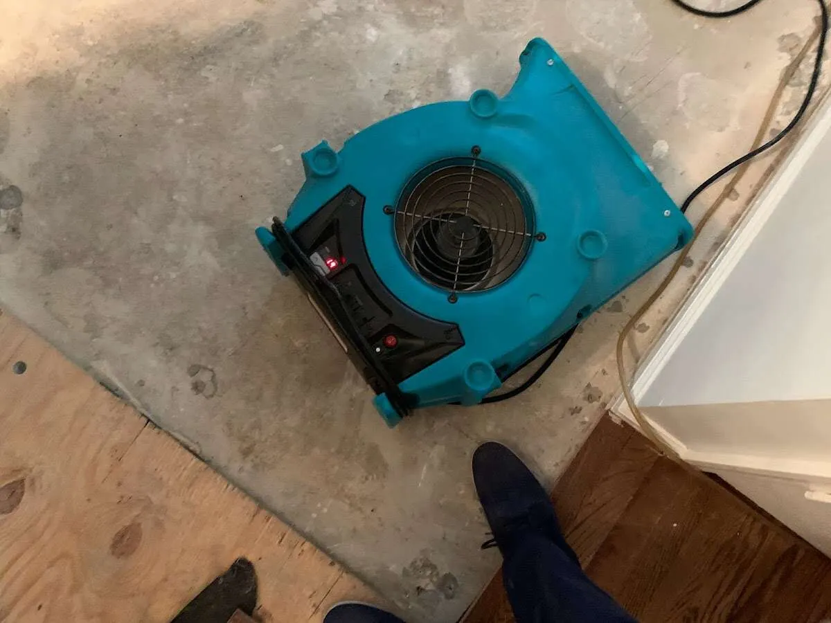 Air mover drying subfloor during Leak Detection & Repair in Greenwood